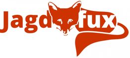 Rotes Logo mit der Aufschrift "Jagdfux" und einem Fuchsbild zwischen den Buchstaben.