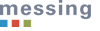 Der Text "messing" in Grau mit blauen, roten und grünen Quadraten links daneben.