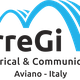 Logo di ErreGi, azienda elettrica e comunicazione, Aviano, Italia, con archi blu stilizzati.