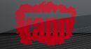 Roter Kaugummiabdruck auf grauem Hintergrund.