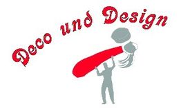 Silhouette einer Person mit Farbrolle, daneben der Text "Deco und Design" in roter Schrift.