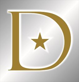 Großer goldener Buchstabe "D" mit Stern in der Mitte auf silbernem Hintergrund.