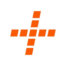 Ein orangefarbenes Kreuz aus neun Quadraten auf weißem Hintergrund.