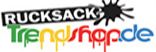 Logo mit Schriftzug "Rucksack Trendshop.de" in bunten Farben und schwarzem Tintenklecks.