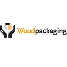 Logo van Woodpackaging met een zwart-wit gestileerde doos en handen.