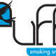 Logo con uccello stilizzato e scritta "smoking smartly" su sfondo nero e celeste.