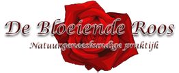 Logo van De Bloeiende Roos, natuurgeneeskundige praktijk, met een rode roos op de achtergrond.