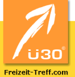 Orange Quadrat mit weißem Pfeil und "ü30". Text unten: Freizeit-Treff.com.