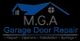 MGA Garage Door Repair logo with a house design and service details underneath.