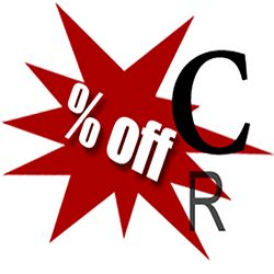 Stella rossa con testo "% off" e lettere "C" e "R" sovrapposte.