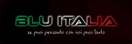 Scritta "BLU ITALIA" con slogan: "se puoi pensarlo con noi puoi farlo", su sfondo nero.
