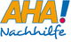 Logo: "AHA! Nachhilfe" in gelber und blauer Schrift mit einem Ausrufezeichen in Blau und Rot.