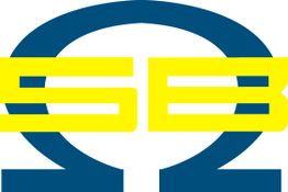 Gelbes "SEB" auf blauem Omega-Symbol, das horizontale Balken in den Buchstaben integriert.