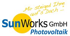 Logo von SunWorks GmbH, Photovoltaik mit gelber Sonne und Slogan "Mir steiged Ihre auf's Dach."