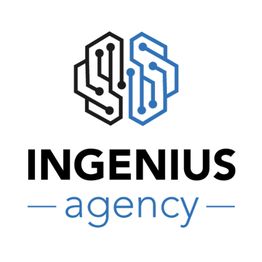Logo der Ingenius Agency mit einem stilisierten Schaltkreis-Gehirn in Schwarz und Blau.