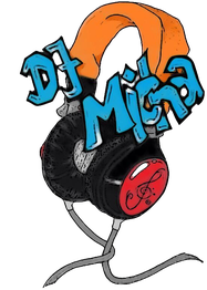 Illustration von Kopfhörern mit Schriftzug "DJ Micha" in blauer, stilisierter Schrift.