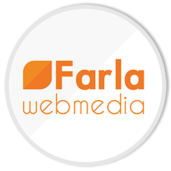 Rond logo met oranje tekst 'Farla webmedia' en een oranje bladmotief linksboven.