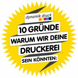 Gelbes Sternmotiv mit Text: "10 Gründe, warum wir deine Druckerei sein könnten".