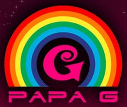 Arco-íris com a letra "G" rosa no centro e a inscrição "Papa G" em fundo escuro.