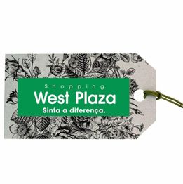 Etiqueta floral com texto: "Shopping West Plaza. Sinta a diferença." Fundo detalhado em preto e branco.