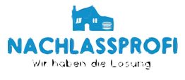 Blaues Haus-Symbol, Text "NACHLASSPROFI" und Slogan "Wir haben die Lösung" darunter.