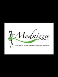 Logo mit dem Text "Modnizza", Frauensilhouette, und den Worten "Italienische Mode | Großhandel | Showroom".