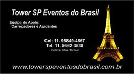 Cartão de visita da Tower SP Eventos do Brasil com imagem da Torre Eiffel estilizada.