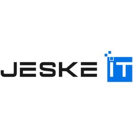 Logo mit dem Text "JESKE" in Schwarz und "IT" in Blau mit Quadraten oben rechts.