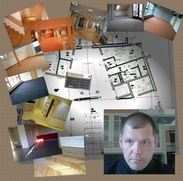 Collage mit Bauplänen, Raumfotos und einem Mann im Vordergrund.