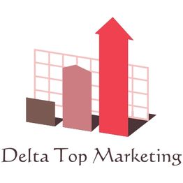 Logo mit drei Balkendiagrammen und einem Pfeil nach oben, Text: "Delta Top Marketing".