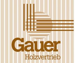 Logo von Gauer Holzvertrieb mit braunen Linien und Streifen auf beigem Hintergrund.