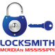 Blue padlock and key with text: "LOCKSMITH MERIDIAN MISSISSIPPI."