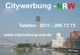 Skyline von Düsseldorf mit Fernsehturm, dazu Kontaktinfo für Citywerbung-NRW.