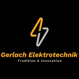 Logo von Gerlach Elektrotechnik, schwarzer Hintergrund, orange-graues Symbol, Text: Tradition & Innovation.