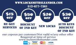 Locksmith services discounts: $15 off re-key, $50 off 2nd key, $20 off new locks, $30 off auto keys.
