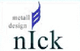 Logo mit Text: "Metall Design Nick". Stylisiertes blaues Element neben "Design".