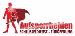 Superhelden-Logo mit Schlüssel, Text: "Aufsperrhelden - Schlüsseldienst - Türöffnung".