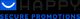 Logo mit blauem Smiley in Quadrat, Text: "HAPPY SECURE PROMOTIONS" in Schwarz und Blau.