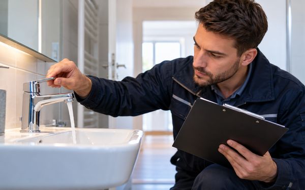 Ein Sanitärfachmann prüft in einem hellen Badezimmer einen laufenden Wasserhahn am Waschbecken und hält dabei ein Klemmbrett in der Hand.