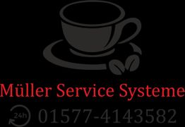 Logo: Kaffeetasse mit Bohnen, Text "Müller Service Systeme 24h" und Telefonnummer darunter.