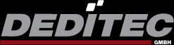 Logo mit Text "DEDITEC GmbH" in grauer Schrift auf schwarzem Hintergrund.