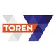 Logo met de tekst "Toren" in een rode balk, naast blauwe driehoekpatronen.