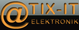 Logo mit orangefarbenem Schriftzug „@TIX-IT ELEKTRONIK“ auf grauem und schwarzem Hintergrund.