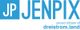 Logo mit Text "JP JENPIX, proud citizen of dreistrom.land" in Blautönen.