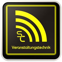 Gelbes Logo mit drei gebogenen Linien, "sc" und Schrift: "Veranstaltungstechnik" auf schwarzem Hintergrund.