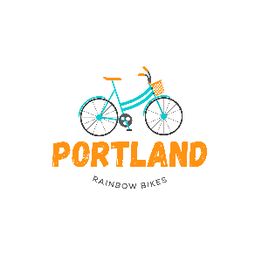 Illustration of a teal bike with "Portland" in orange text and "Rainbow Bikes" below.
