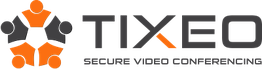 Logo von TIXEO mit Slogan "Secure Video Conferencing" und Symbol von vier Figuren.