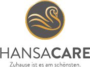 Logo von HansaCare mit Schwan-Symbol und Slogan "Zuhause ist es am schönsten".