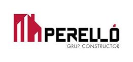 Logo de la empresa Perelló Grup Constructor, con diseño de casas en rojo y texto en negro.
