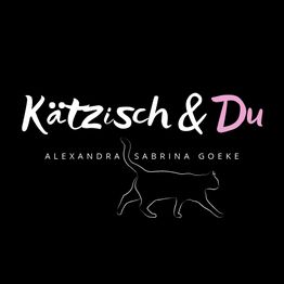 Schwarzer Hintergrund, Schriftzug "Kätzisch & Du", darunter Katze in Kontur, Name darunter.